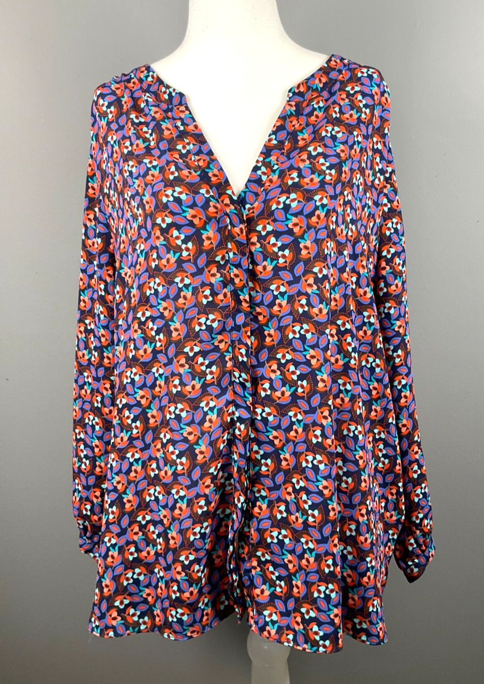 NYDJ Pintuck Blouse Women's 3/4 Sleeve Floral Print on Button Down Size XL Tunic